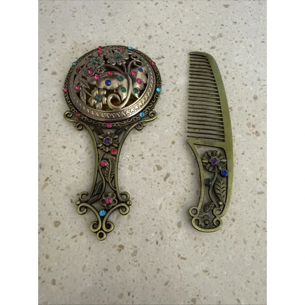 Vtg Style Hand Held Vanity Mirror Matching Comb Set Floral/Butterfly Rhinestone